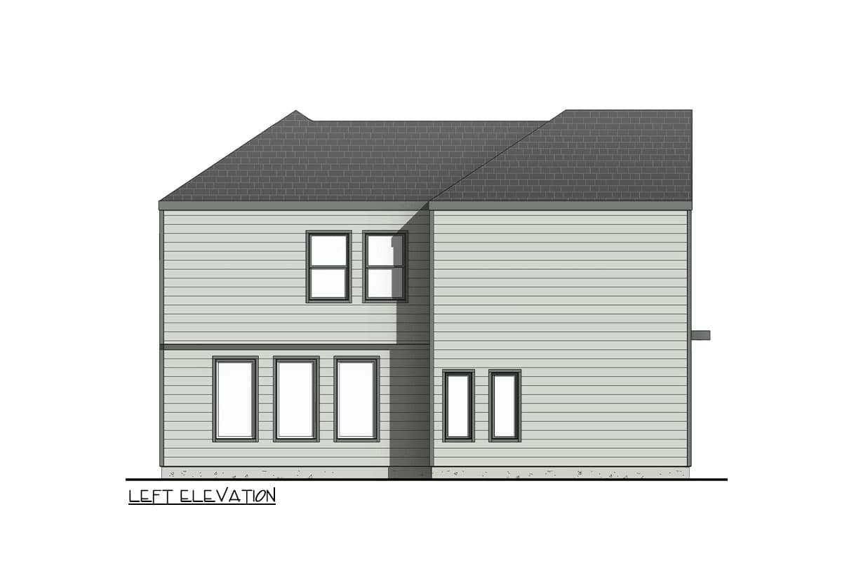 Left elevation of a two-story house plan with horizontal siding and a pitched roof.