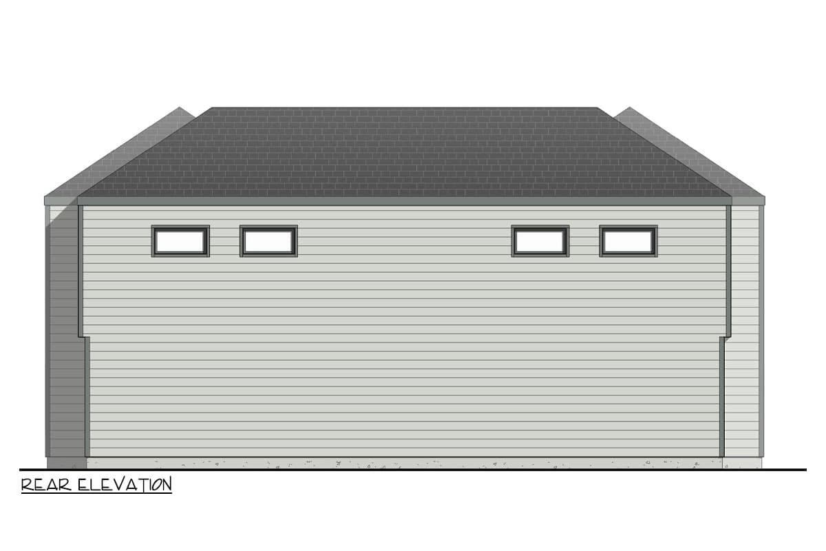 Rear elevation drawing of a house with horizontal siding, a gabled roof, and four rectangular windows.