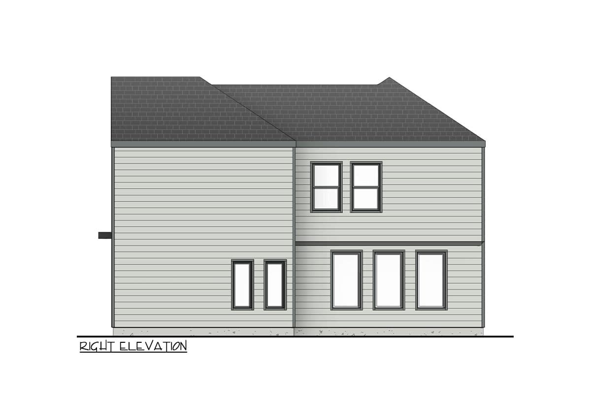 Right elevation drawing of a two-story house with horizontal siding, a pitched roof, and various rectangular windows.