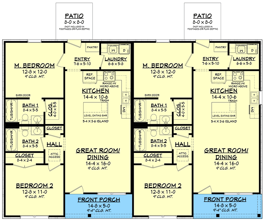 Plan 51991HZ: Single-Story Multi-Family Farmhouse Plan with 2-Bed Units - 1000 Sq Ft Per Unit - Floor Plan - Main Level - Country, Farmhouse, Traditional