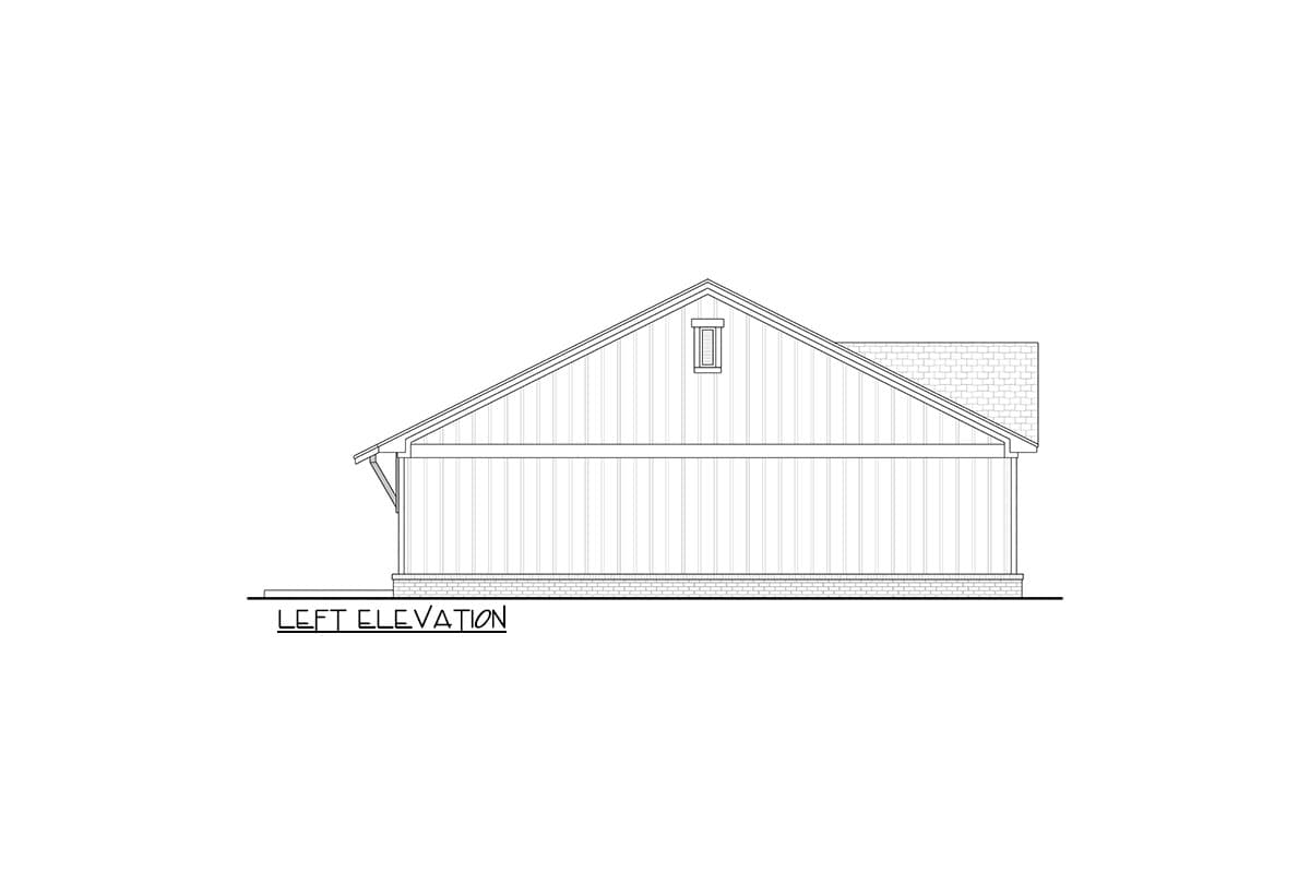 Left elevation drawing of a house plan showing vertical siding, a gable roof with a small dormer window, and brick foundation.