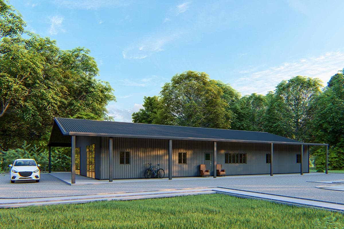 House plan exterior with modern style, single-story, with a covered porch and a low-sloped roofline. Features include vertical siding and a carport.