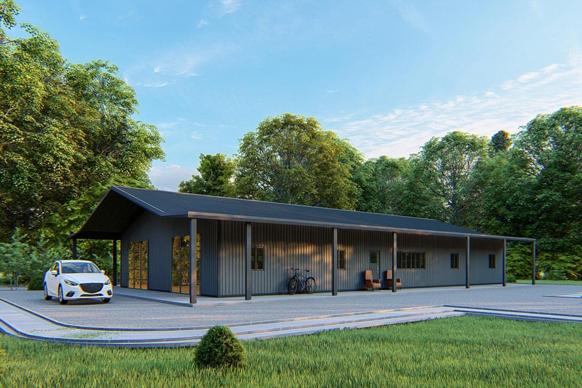 One-story house plan exterior with a wraparound porch, standing seam metal roof, and vertical siding.