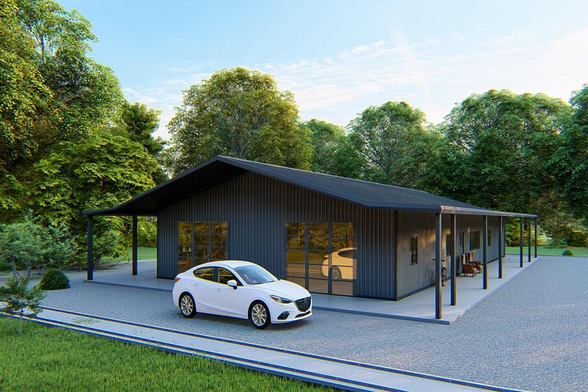 Modern ranch house plan exterior with a dark corrugated metal facade, standing seam roof, and a covered porch spanning the length.