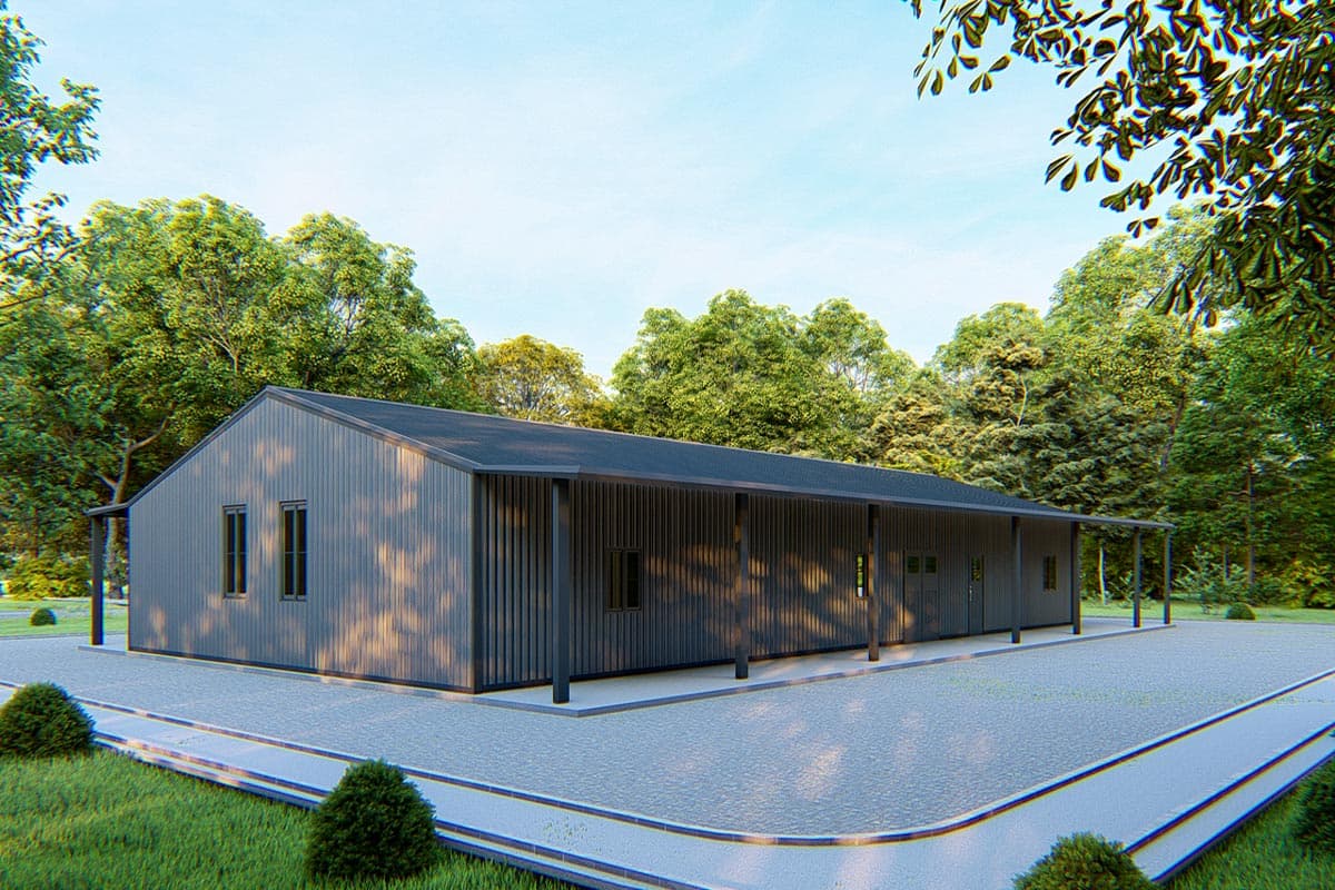 House plan exterior: Single-story design with standing seam metal siding and a full-length covered porch supported by dark columns.