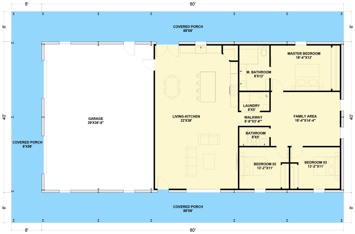 Plan 530102KTE: 3-Bed Rustic Barndominium House Plan with PEMB Framing - 2000 Sq Ft - Floor Plan - Main Level - Barndominium, Ranch, Rustic, Traditional