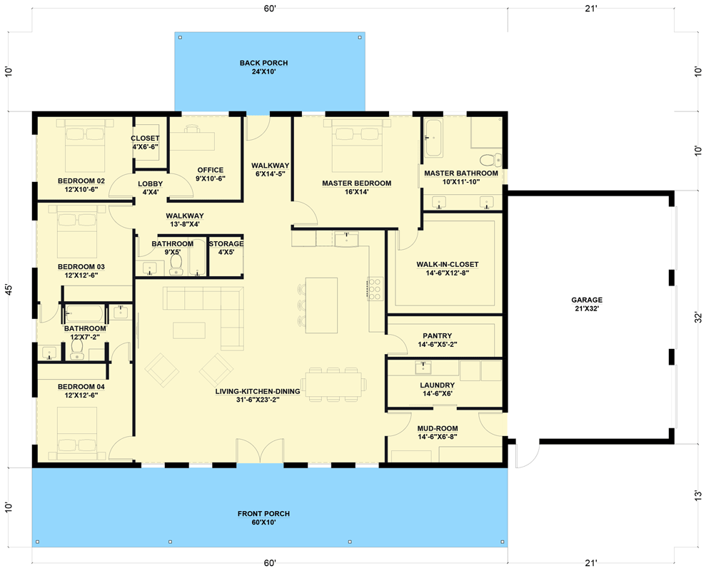 Plan 530103KTE: 4-Bed Barndominium-Style House Plan with 3-Car Garage - 2700 Sq Ft - Floor Plan - Main Level - Barndominium, Country