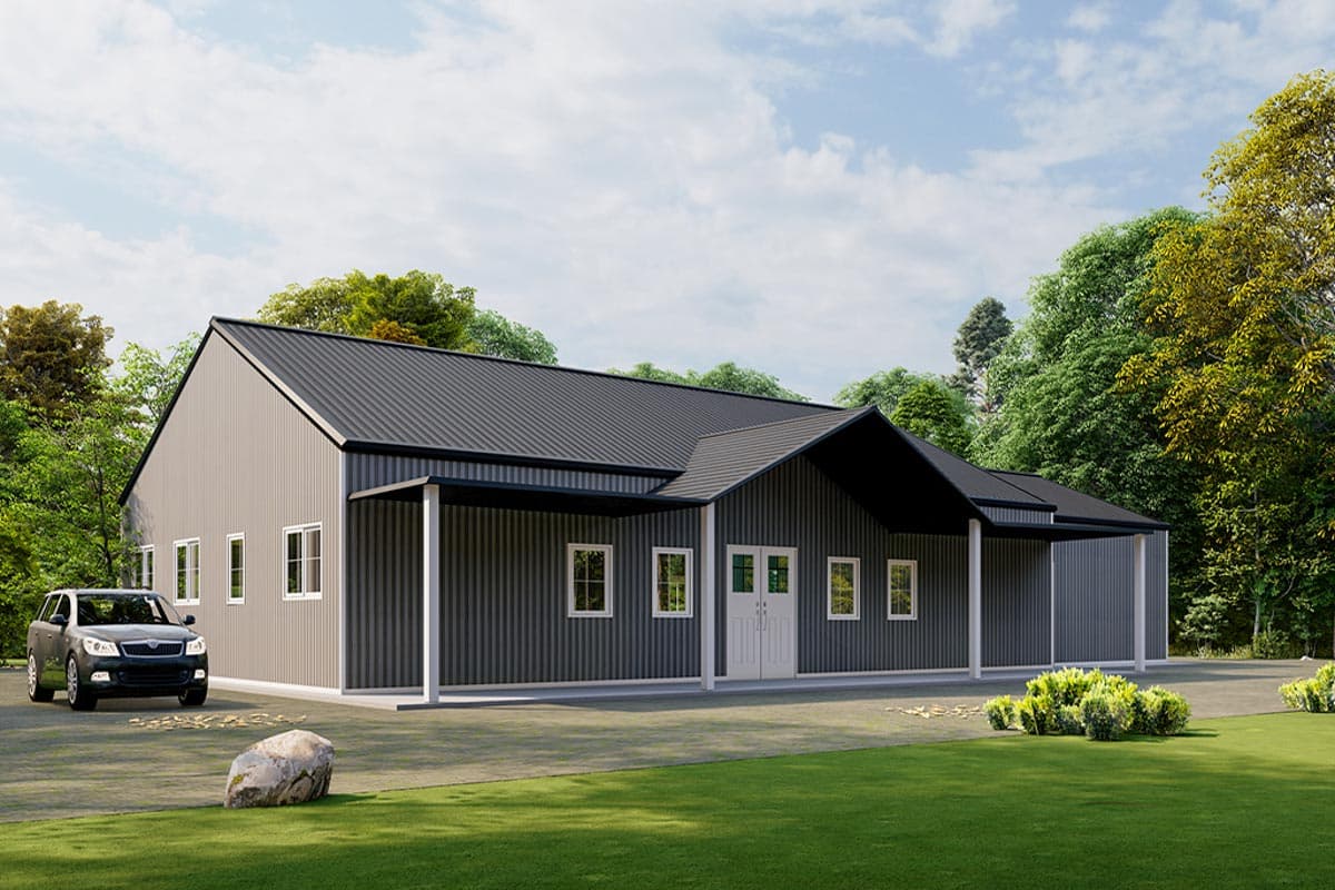House plan exterior with corrugated metal siding, a single story, and a gable roof. Features include a covered porch and white columns.