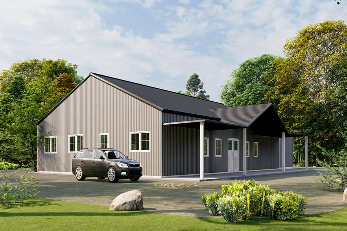 Modern house plan exterior with vertical metal siding, prominent gables, and covered entry.