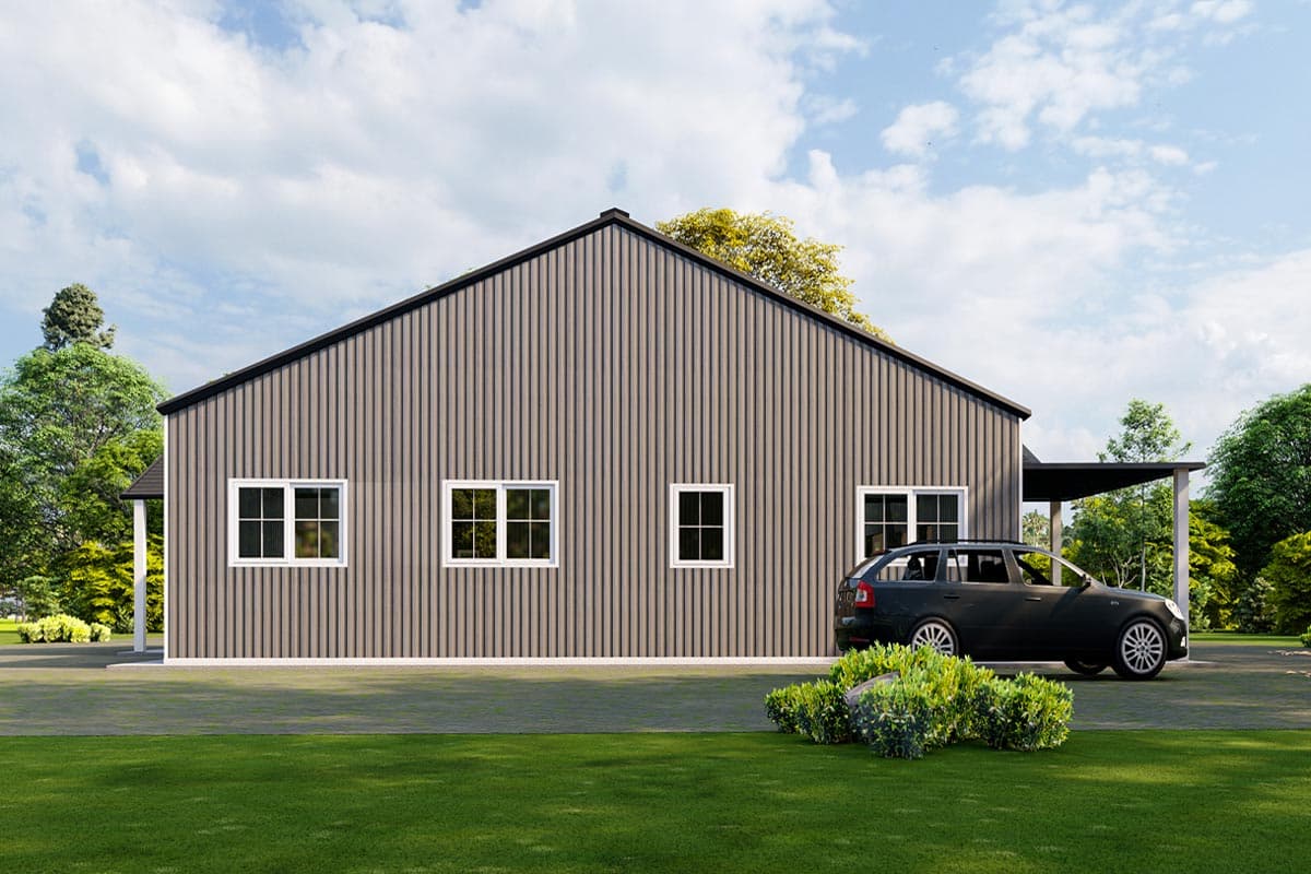 Modern house plan exterior with vertical siding, a prominent gable roof, and a covered carport. Features include multiple windows.