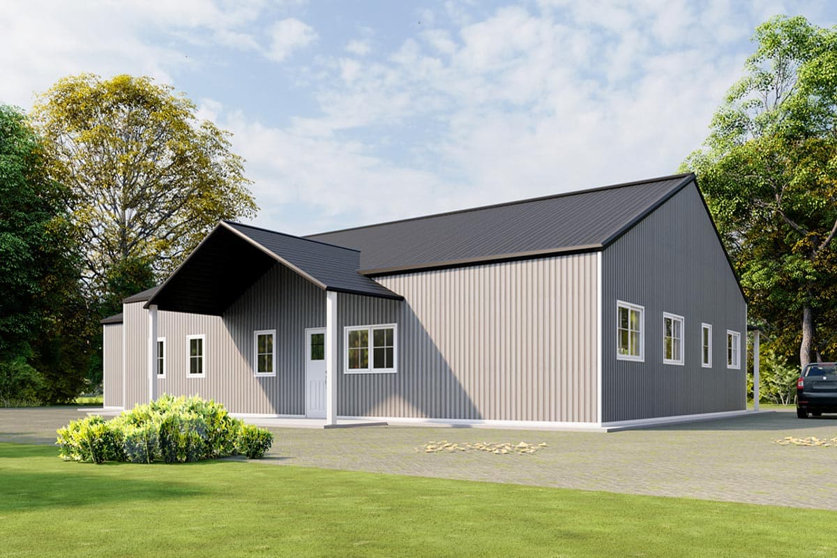 House plan exterior with a gabled entrance porch, vertical siding, and multiple windows. Single story, metal roof.