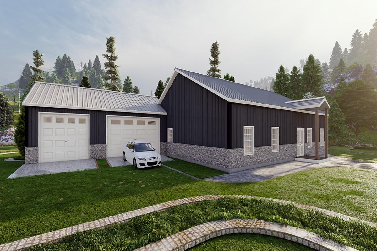 Modern house plan exterior with dark siding, stone wainscoting, metal roof, and a three-car garage.