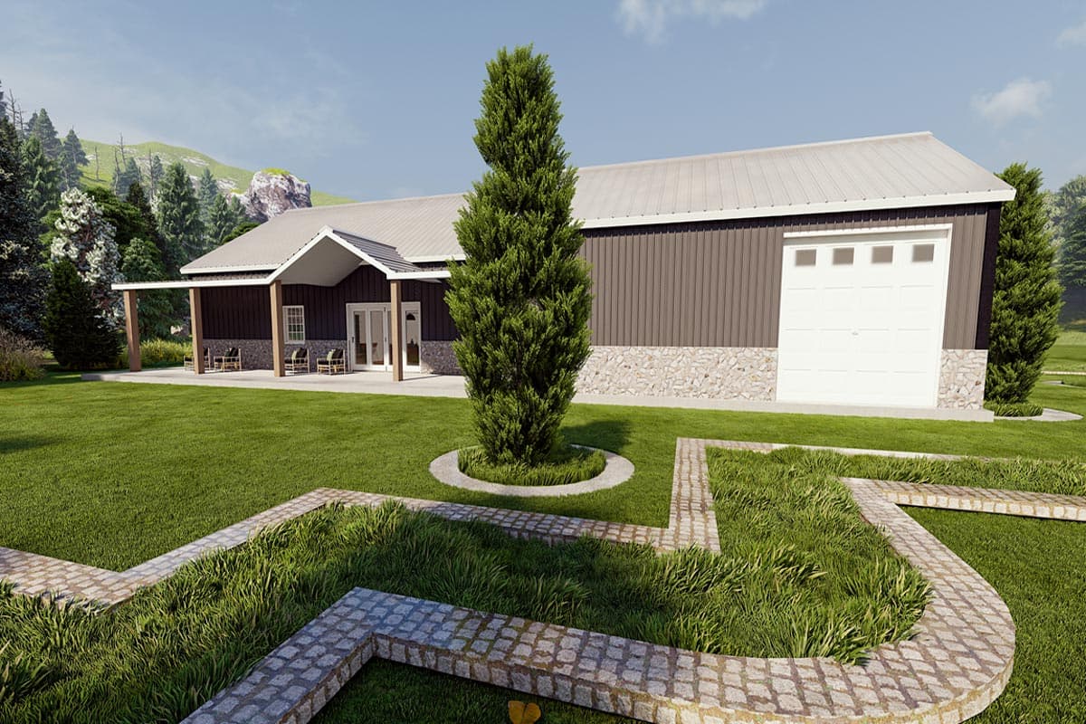 House plan exterior: Ranch style, metal roof, covered porch, stone wainscoting, and a large garage door.