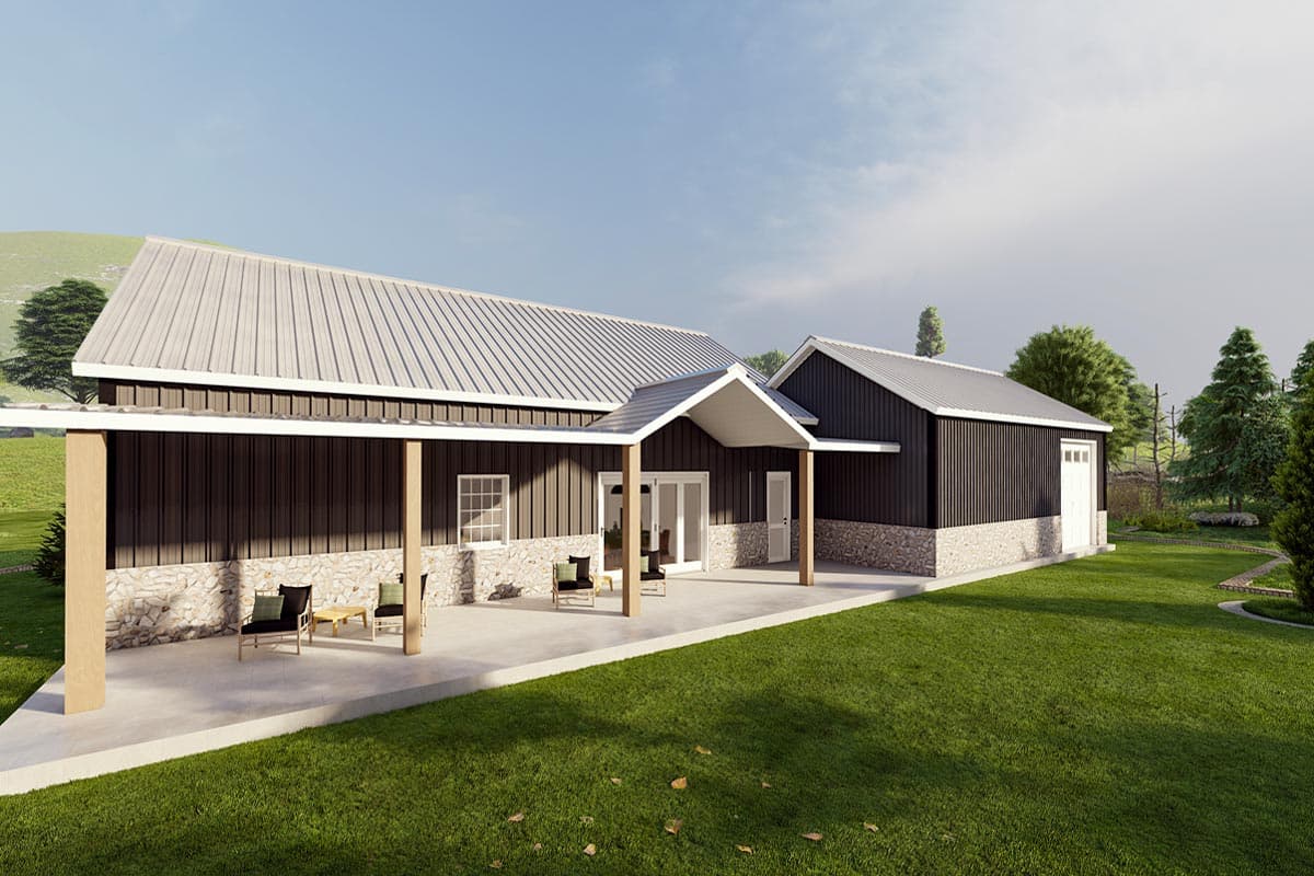 House plan exterior: Modern Farmhouse style, single story, with metal roof, covered porch, stone foundation, and attached garage.