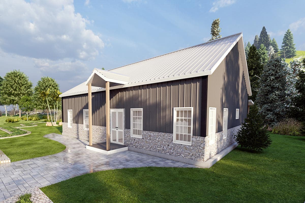 House plan exterior with dark vertical siding, stone foundation, white gabled roof, and a small covered entry with wood posts.