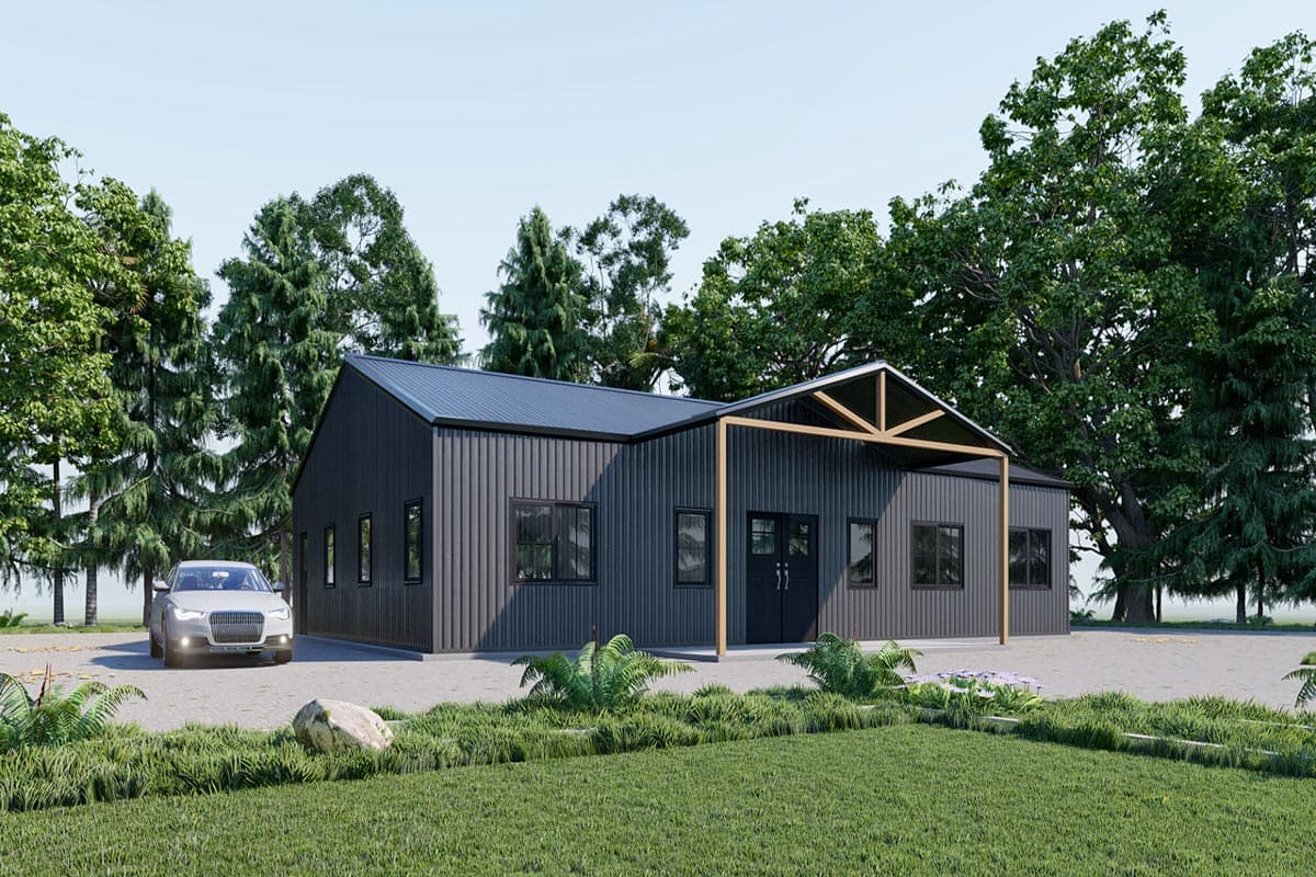 House plan exterior: One-story modern home with a gabled roof, dark metal siding, and a covered entryway with exposed wood beams.