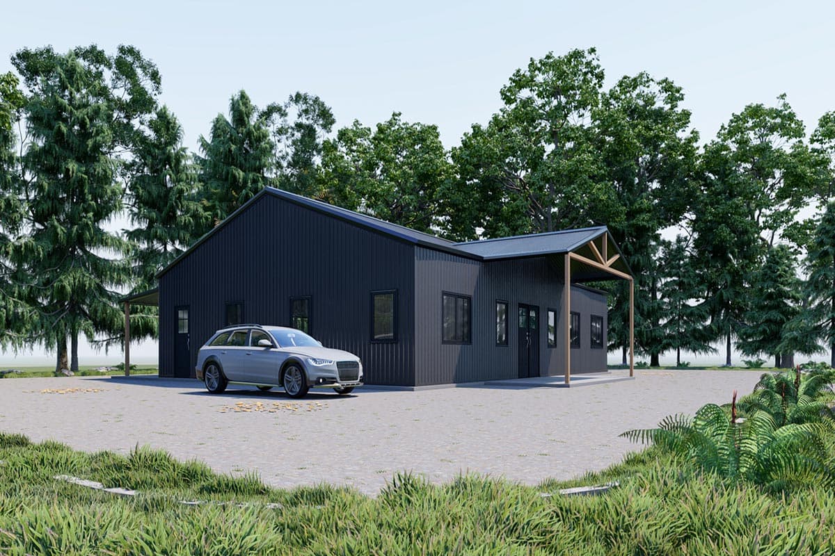 House plan exterior of a single-story modern home with dark corrugated metal siding, a metal roof, and a covered entrance with exposed wood beams.