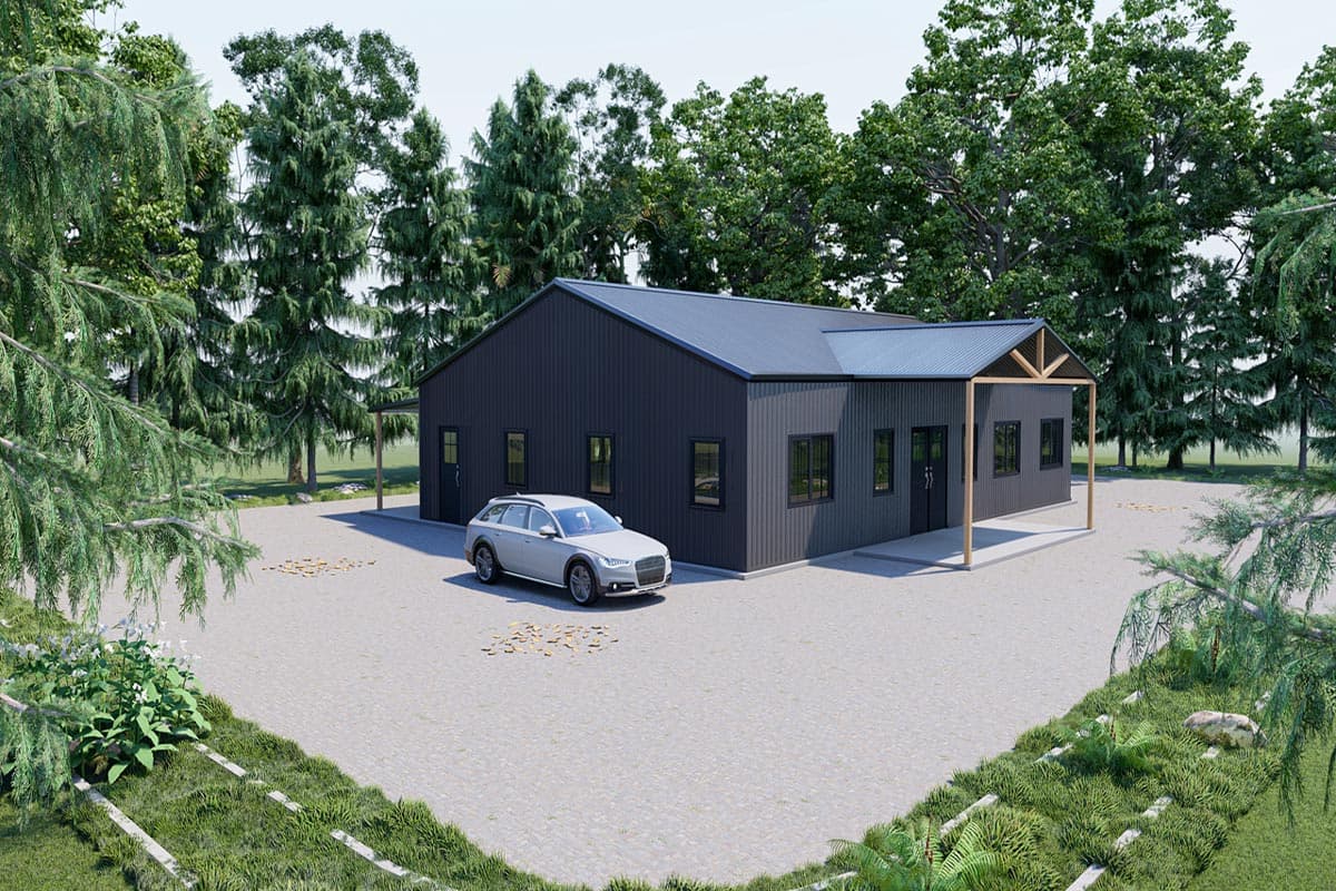 Modern house plan exterior with dark corrugated siding, gable roof, and wooden post entryway.