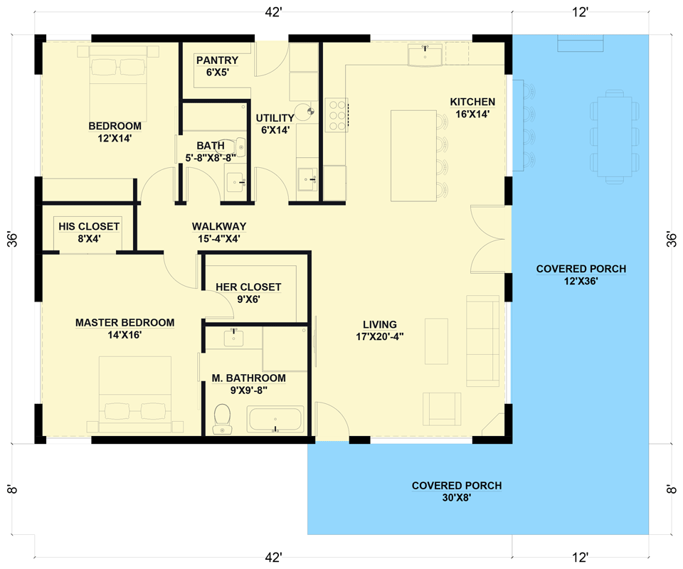 Plan 530106KTE: Modern 2-Bed 2-Bath Cottage House Plan- 1500 Sq Ft - Floor Plan - Main Level - Cottage, Mid Century Modern, Modern