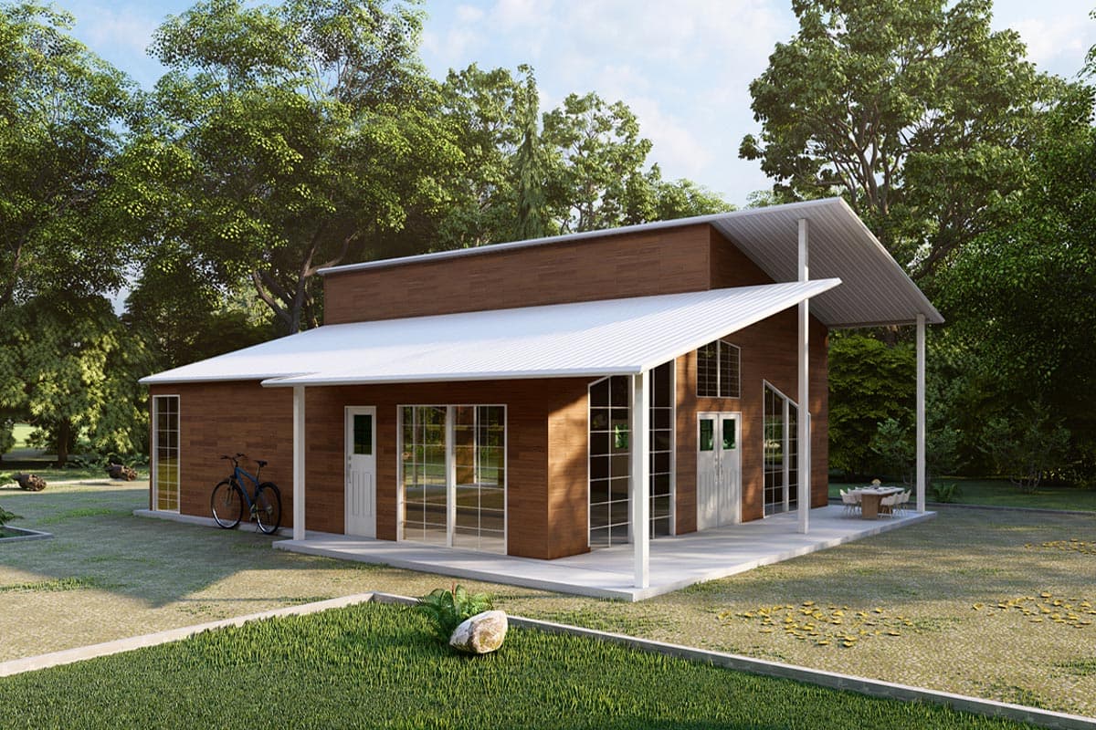 House plan exterior with wood siding, a standing seam roof, and a covered porch. Features include large windows and a shed-style roof.