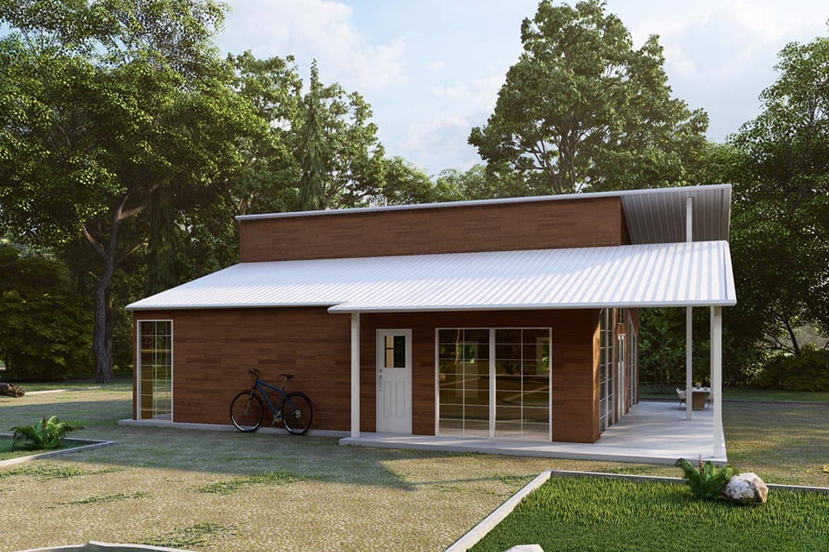 Modern house plan exterior with wood siding, white metal roof, large windows, and a covered porch.