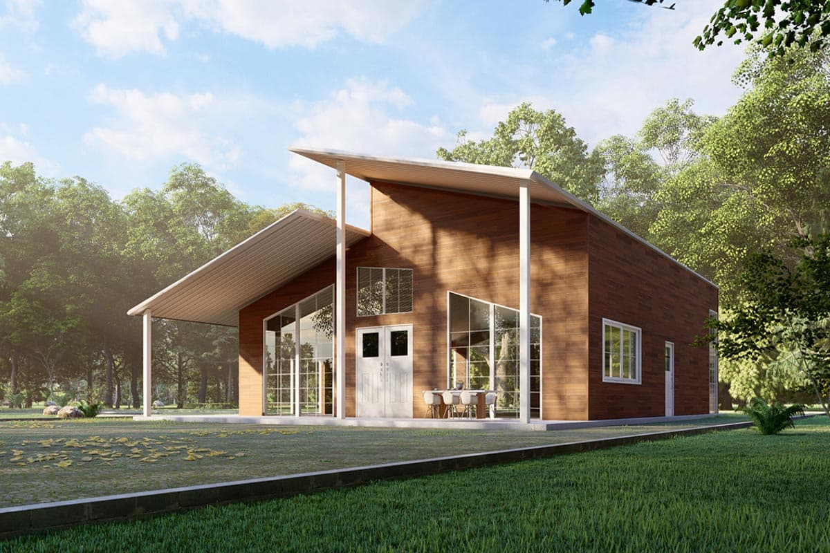 Modern house plan exterior with wood siding, cantilevered roofs, and expansive glass windows.
