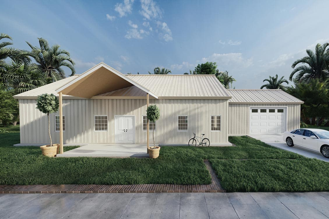 House plan exterior with metal roof, one story, and a covered porch. Attached garage has a side orientation, and the facade has vertical siding.