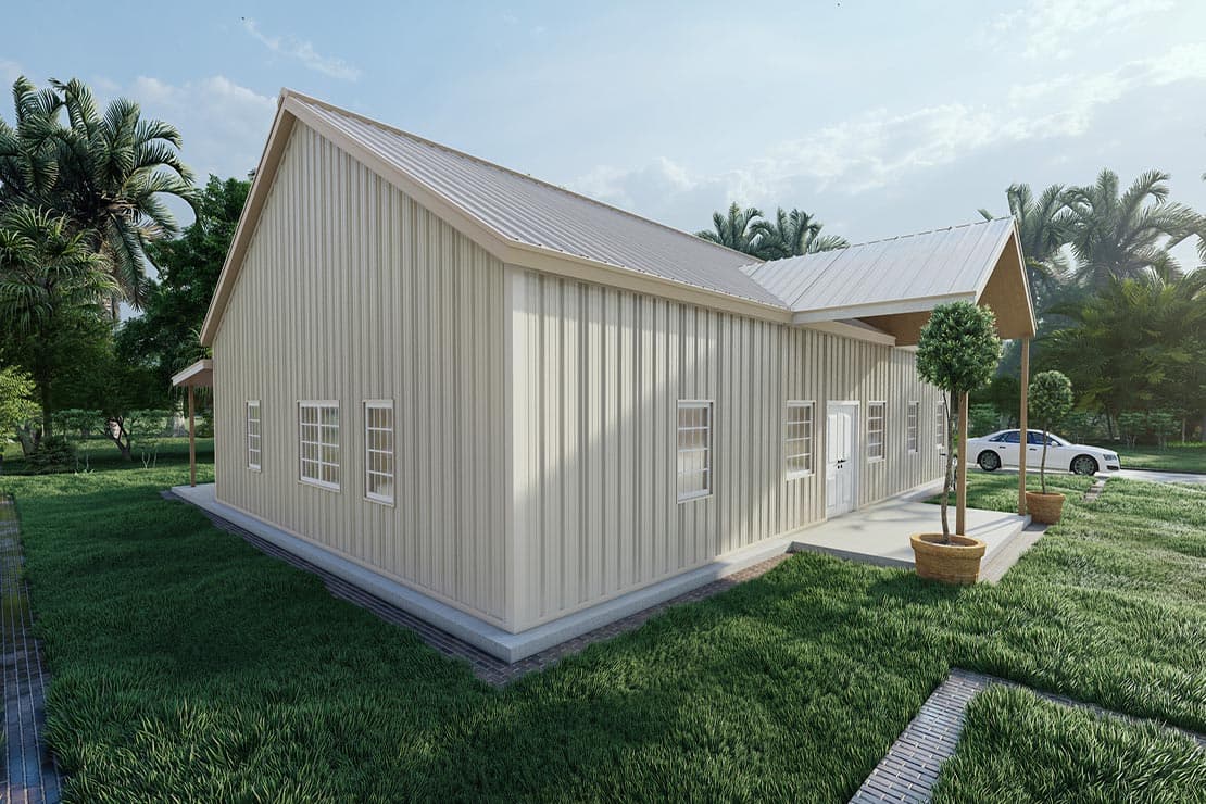 House plan exterior with a standing seam metal roof, beige vertical siding, and a covered porch.