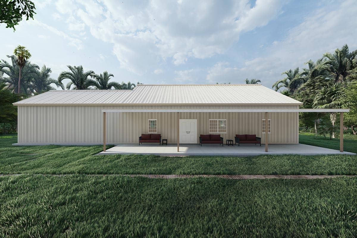 Single-story house plan exterior with a full-width covered porch, metal siding, metal roof, and center double doors.