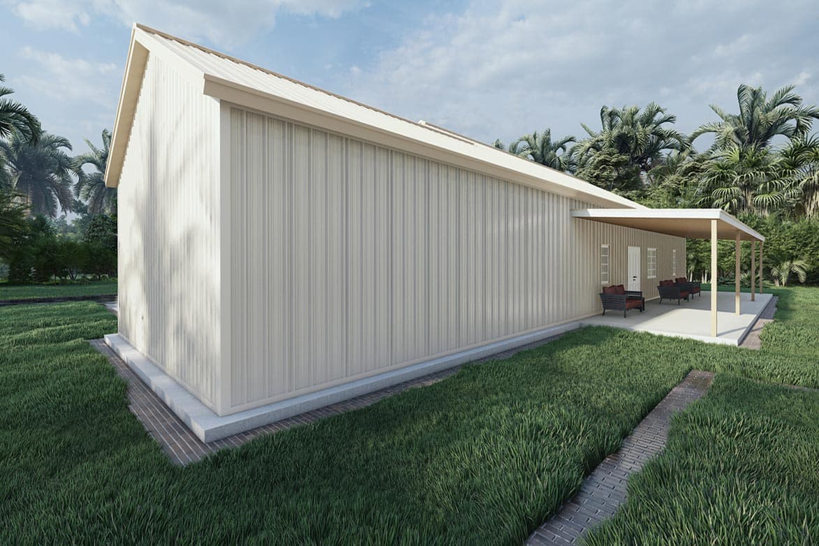 House plan exterior with vertical metal siding, gable roof, and covered patio with seating.