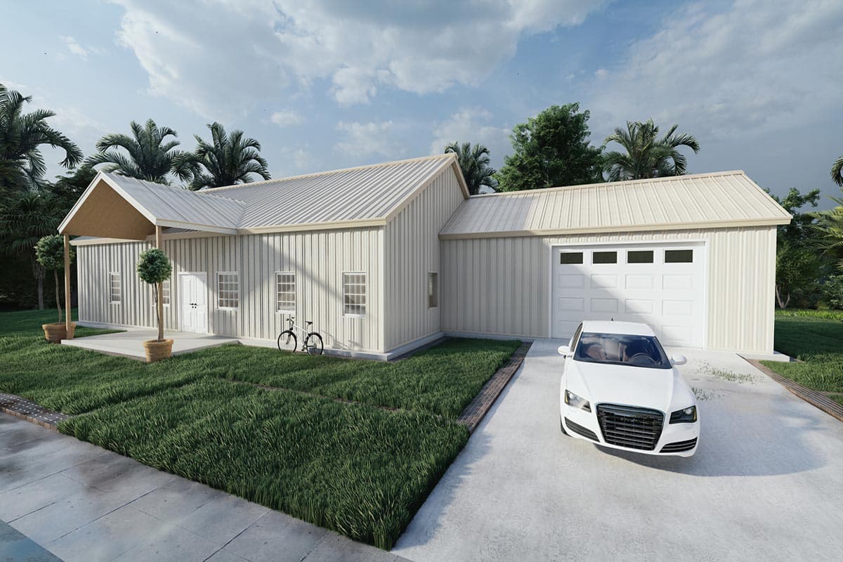 House plan exterior with a covered porch, multiple gables, and a two-car garage.