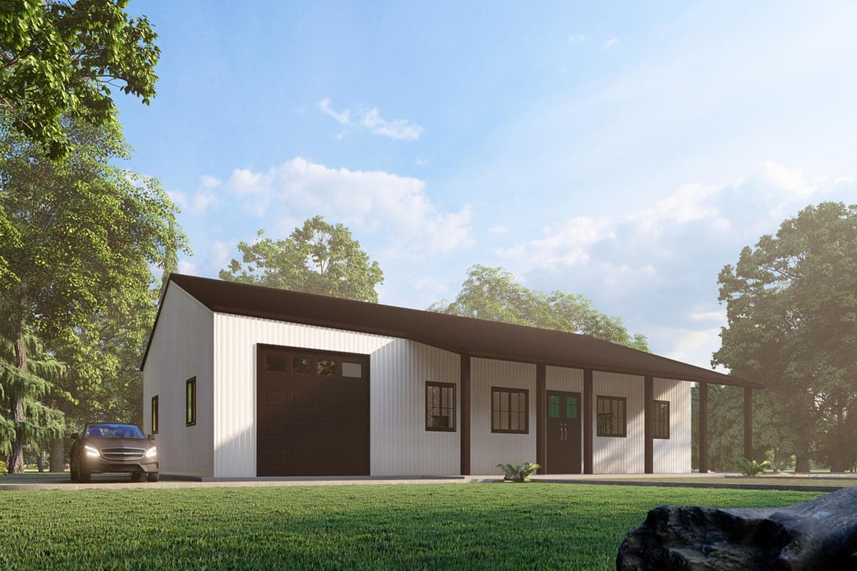 One-story house plan exterior with corrugated metal siding, a large garage door, and a covered front porch with four supporting columns.