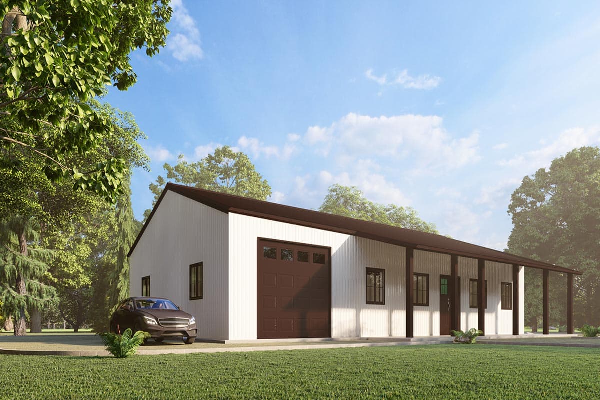 House plan exterior: Ranch style, single story, with a large garage door and a covered porch spanning the front facade.