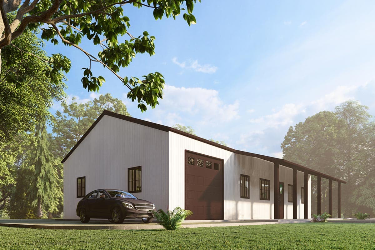 House plan exterior: Modern style, single-story structure with a large garage door, multiple windows, and a covered porch.