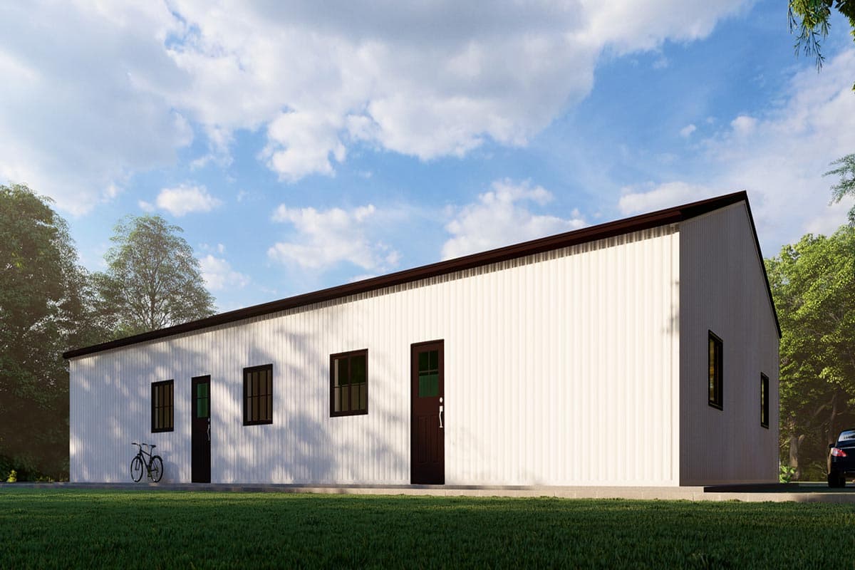 House plan exterior: Rectangular single-story building with white corrugated siding, dark-trimmed windows, and a gabled roof.