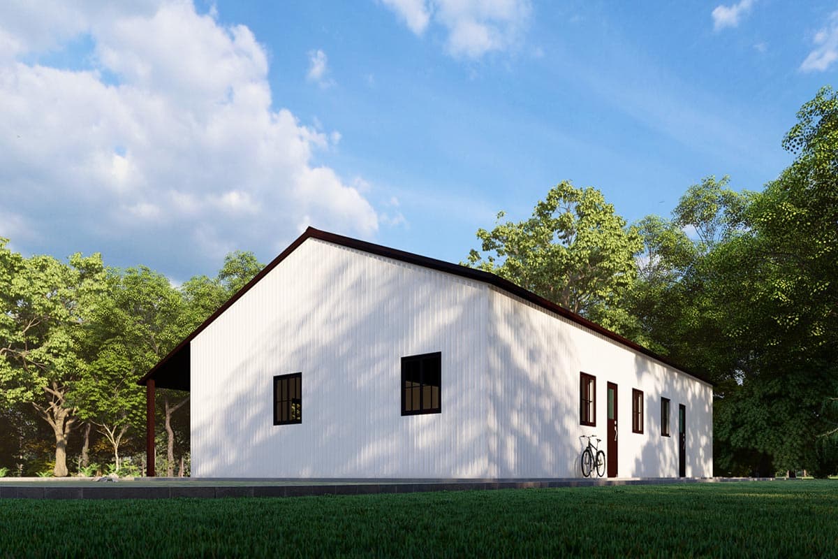 House plan exterior of a single-story Modern Farmhouse style home with a metal standing seam exterior and gabled roof.