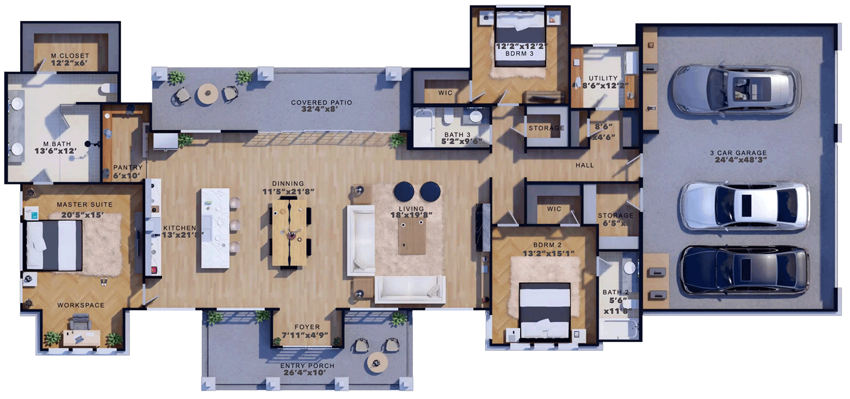 Plan 430118LY: 3-Bed Transitional Ranch with Open-Concept Living Space - 2540 Sq Ft - Floor Plan - Main Level - Ranch, Transitional