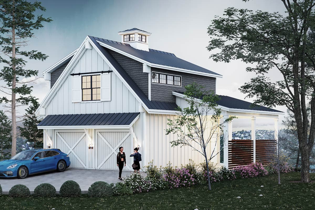 House plan exterior. Modern Farmhouse style, two stories, with board-and-batten siding, gabled roof, and a covered porch. Attached garage.