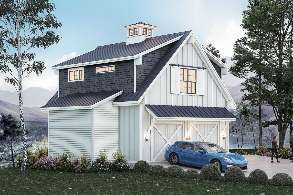 Modern farmhouse house plan exterior with a two-car garage, board and batten siding, dormers, and cupola.