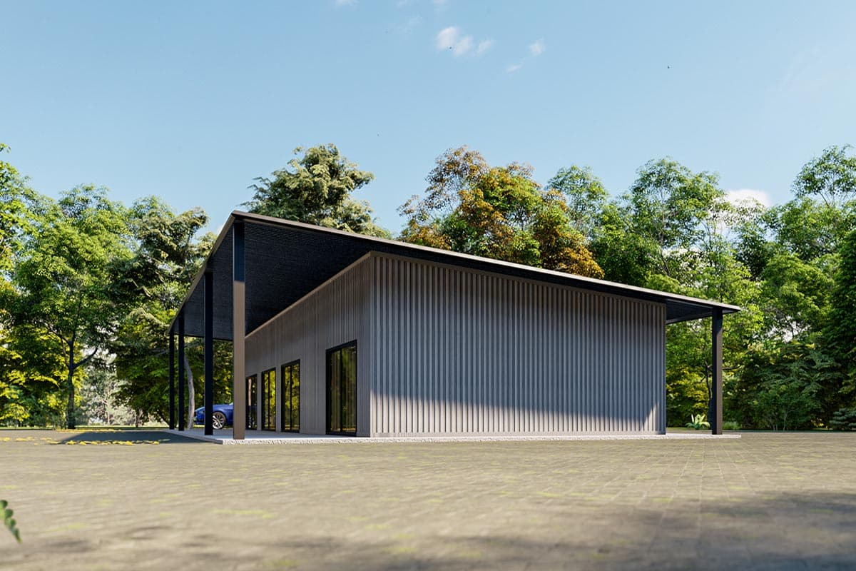 Plan 530112KTE: 1-Bed Mid-Century Modern Cottage Barndo - 1325 Sq Ft - Image #6 - Barndominium, Cottage, Mid Century Modern