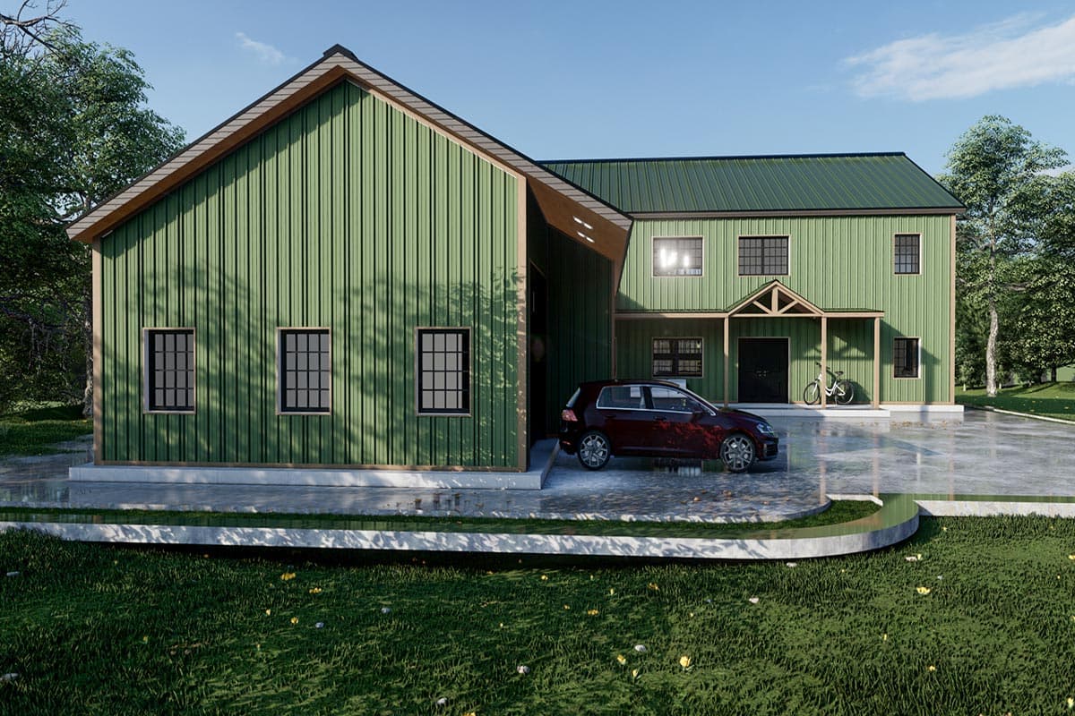 Modern farmhouse exterior with green corrugated metal siding, gabled rooflines, attached garage, and covered front entry with porch.