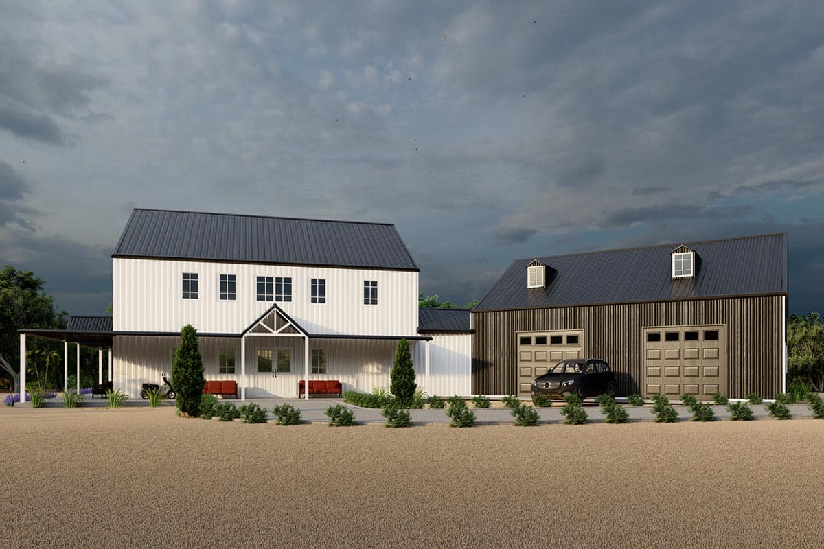 House plan exterior with modern farmhouse style. Features include a covered porch, gabled rooflines, and an attached garage with dormers.