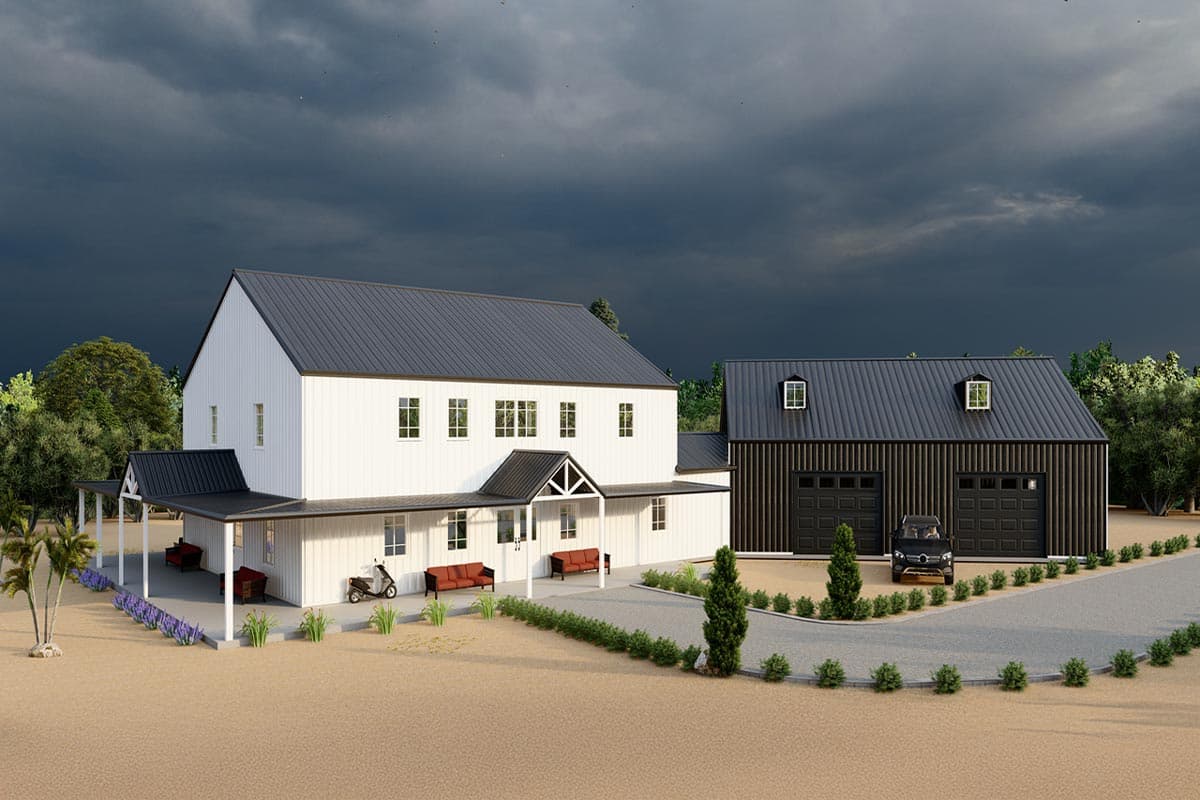 Modern Farmhouse house plan exterior with white siding, dark metal roof, covered porches, and attached two-car garage.