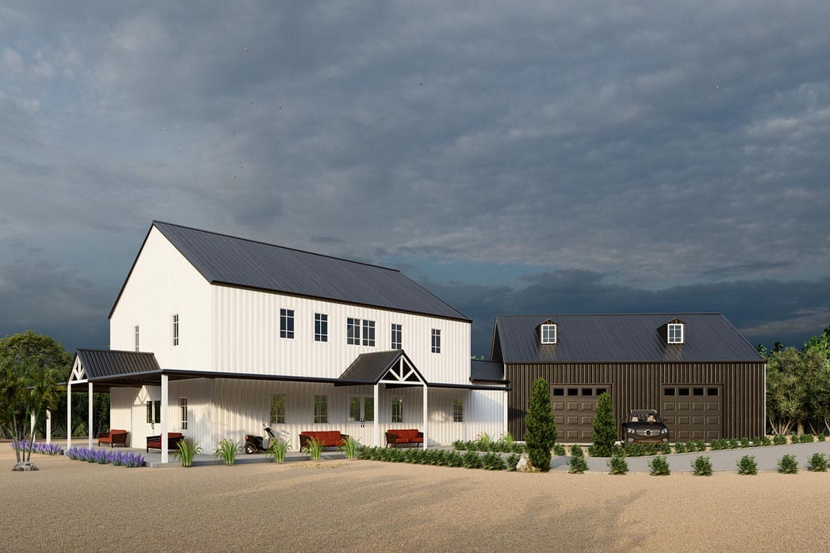 Modern barn-style house plan exterior, two stories, white corrugated siding, dark metal roof, covered porch, attached three-car garage.
