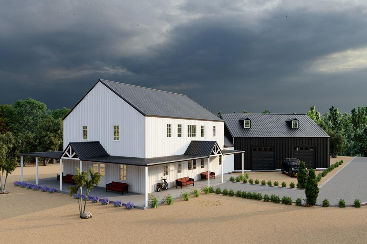 Modern farmhouse house plan exterior with a two-story white main house, wrap-around porch, and attached two-car garage with dormers.