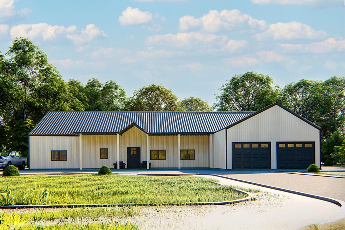House plan exterior: Ranch-style, single-story with a covered front porch, metal roof, and a three-car garage.