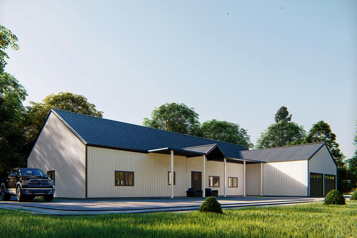 House plan exterior with a dark metal roof, vertical siding, covered entryway, and attached two-car garage.