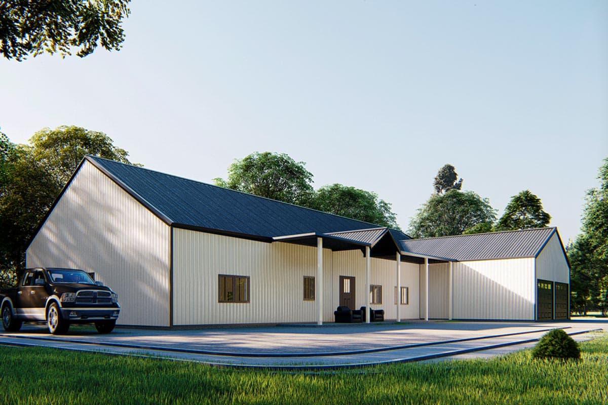 Modern style house plan exterior featuring a metal roof, vertical siding, covered entryway, and a two-bay garage.