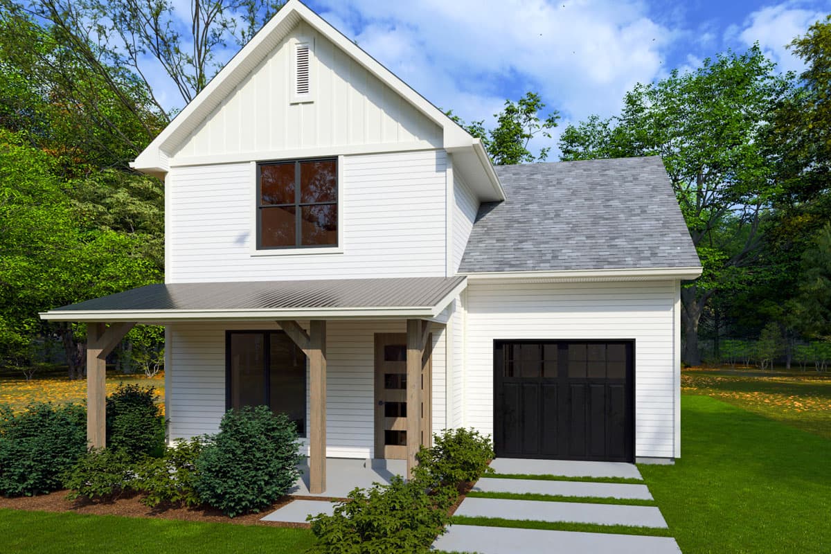 House plan exterior view, two-story farmhouse style. Features include a front porch, gabled roofline, and attached garage. White siding.