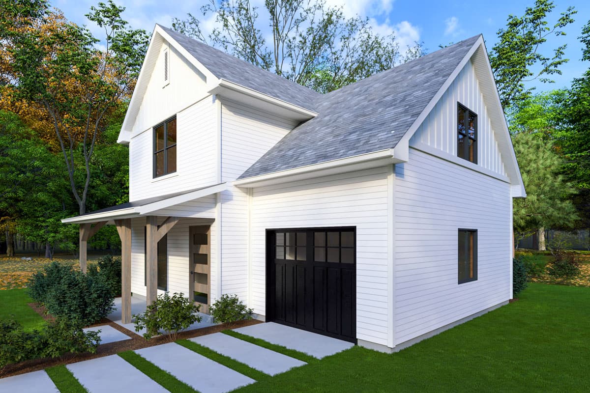 House plan exterior: Modern Farmhouse style, two stories, with a covered porch, gabled dormer, and attached garage.